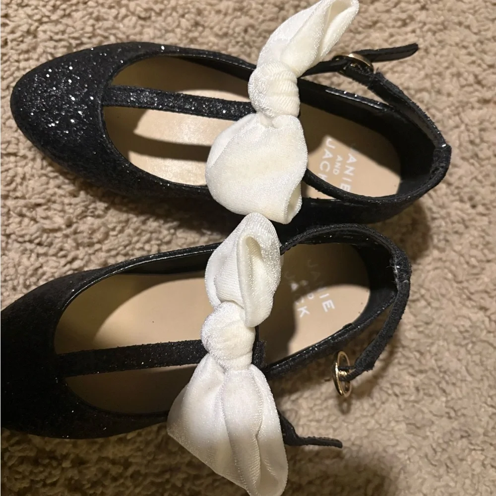 Janie and Jack Black Glitter Shoes with White Bow